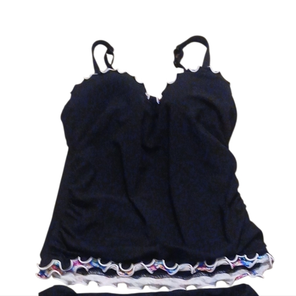 By Gottex -NWOT, 2 Piece Swimsuit,Black W/Multi Colored Ruffles, Built-in D Cups - Picture 4 of 7